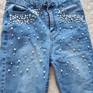 SHEIN Blue Pearl Studded Skinny Jeans